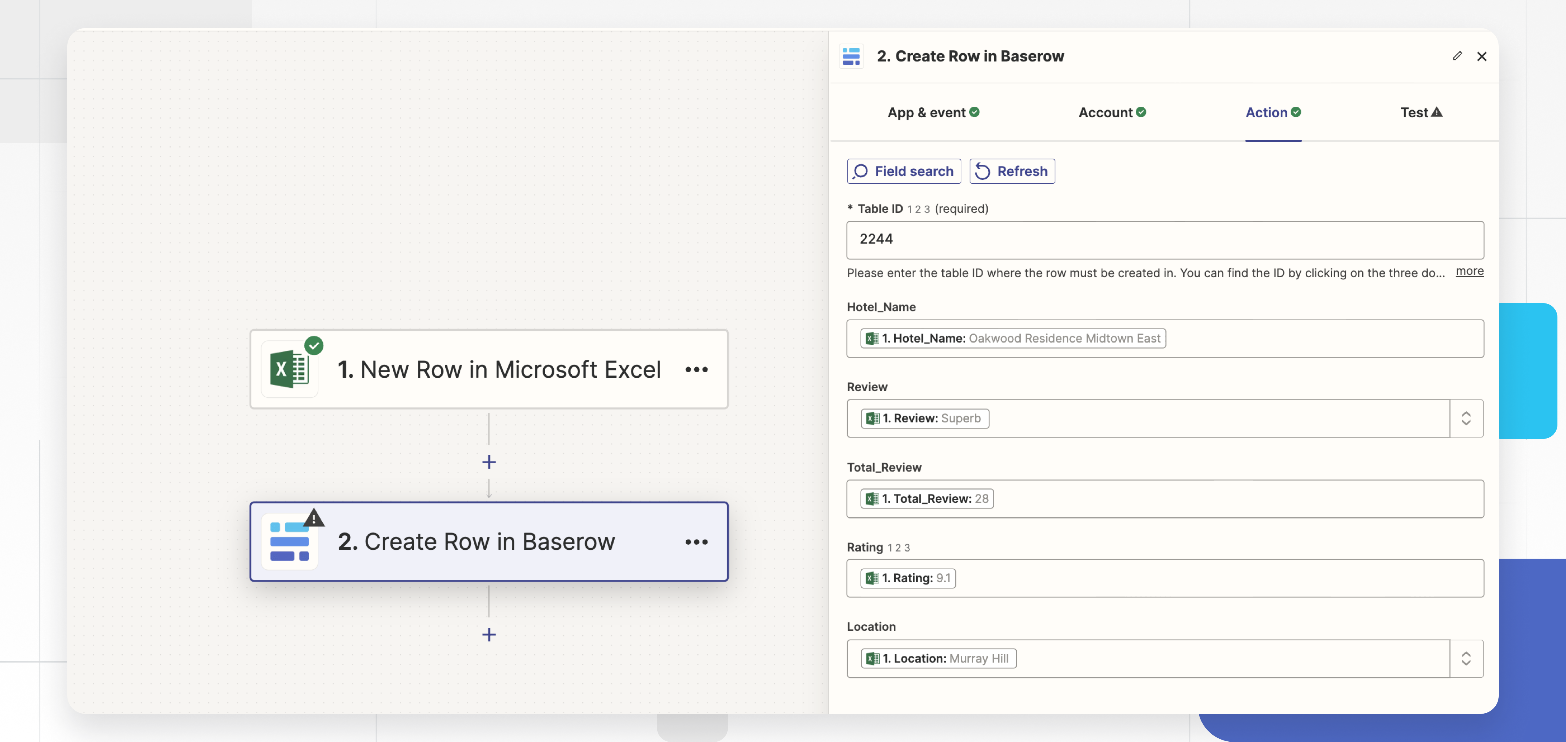 Map the fields from the spreadsheet to the corresponding fields in Baserow